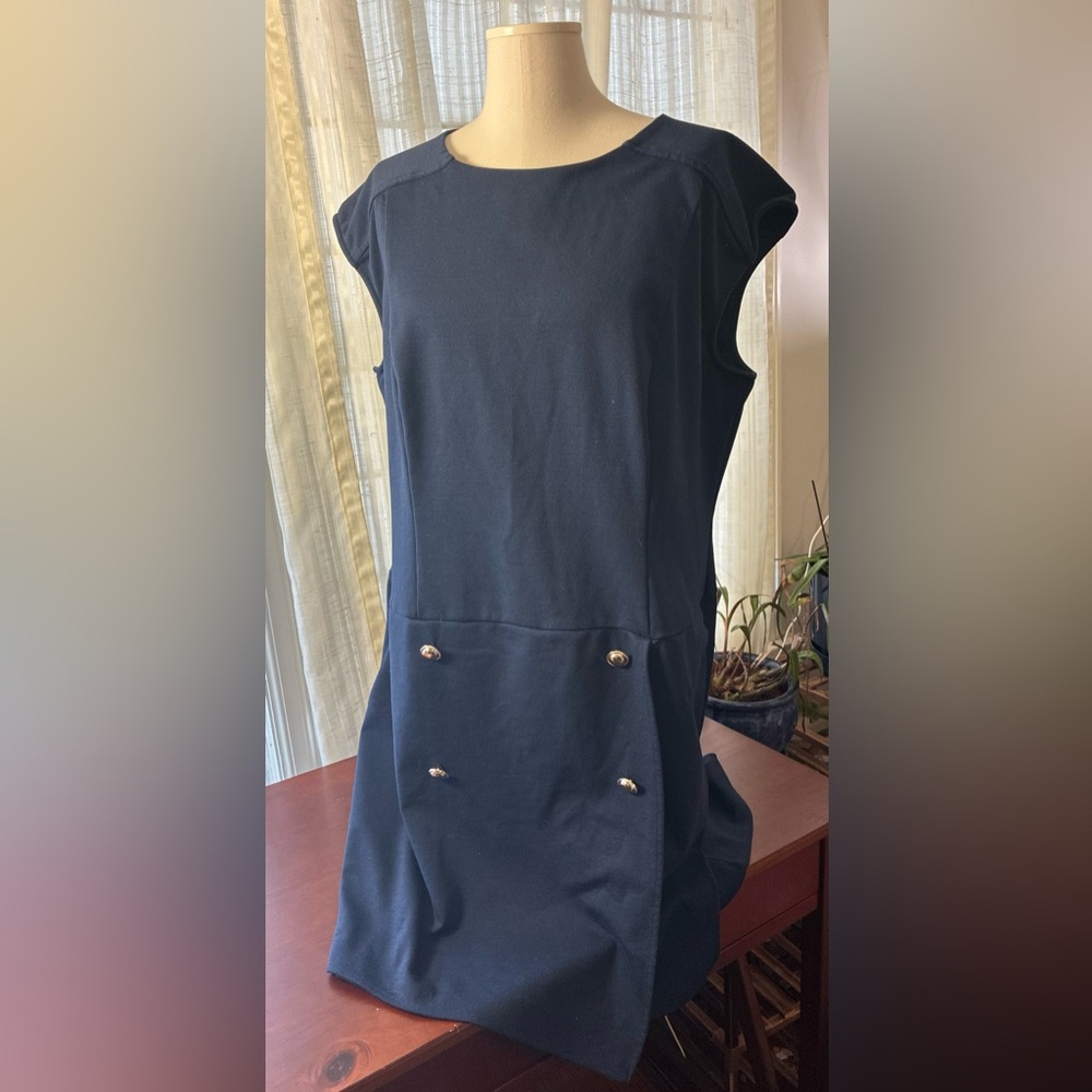 NYC Navy Sleeveless Shift Dress with Gold Button Accents